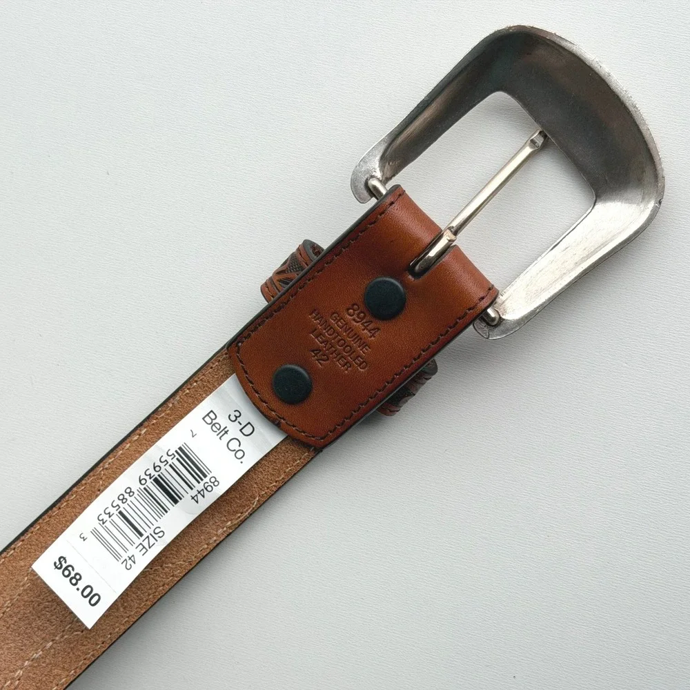 3-D Belt Co Handtooled Leather Belt Mens 42 Western Barbed Wire Braid Brown